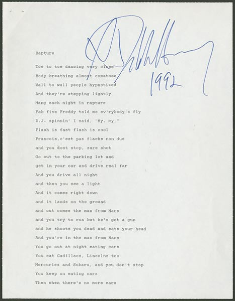 Debbie Harry Signed "Rapture" Song Lyrics