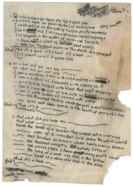 Bob Dylan "A Hard Rain's A-Gonna Fall" Handwritten Working Lyrics