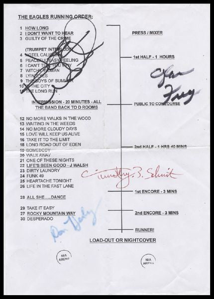 Eagles Stage Used and Signed Set List