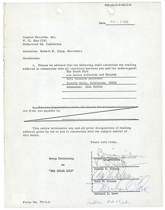 1966 Beach Boys Signed Capitol Records Contract