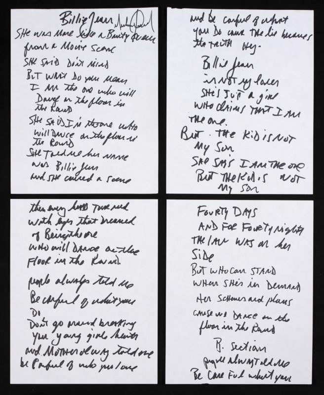 MICHAEL JACKSON HANDWRITTEN "BILLIE JEAN" LYRICS