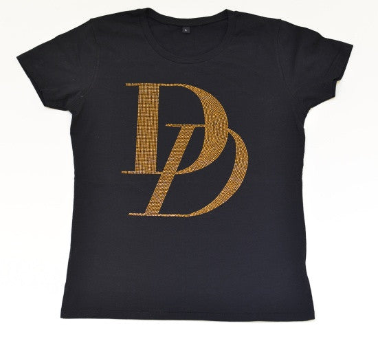 New !- Black T with Gold Rhinestone (Girls Fit)