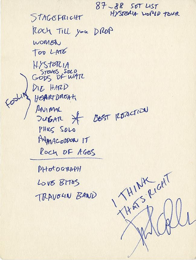 Phil Collen handwritten signed set list for Def Leppard 1987-88 tour