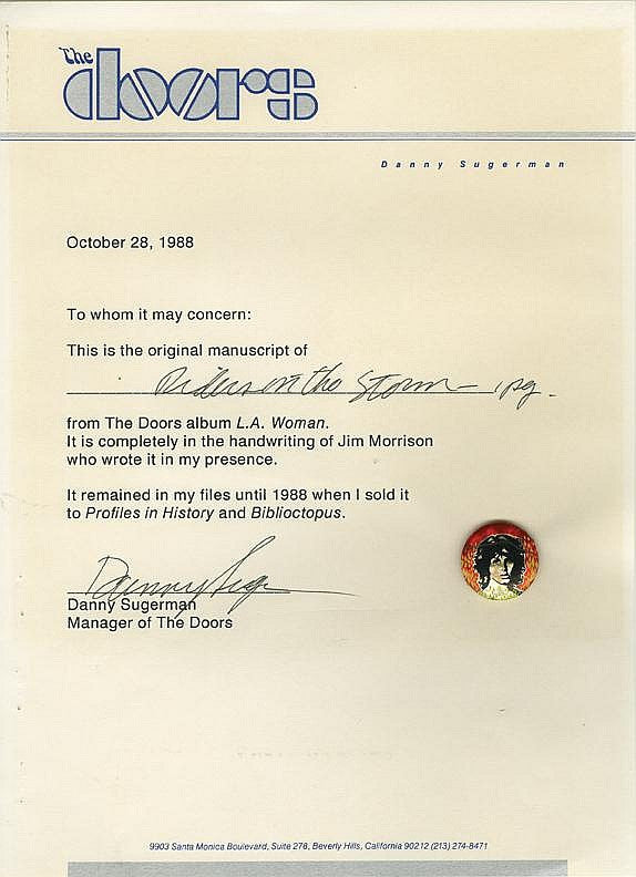 Jim Morrison of The Doors handwritten lyrics for “Riders on the Storm”