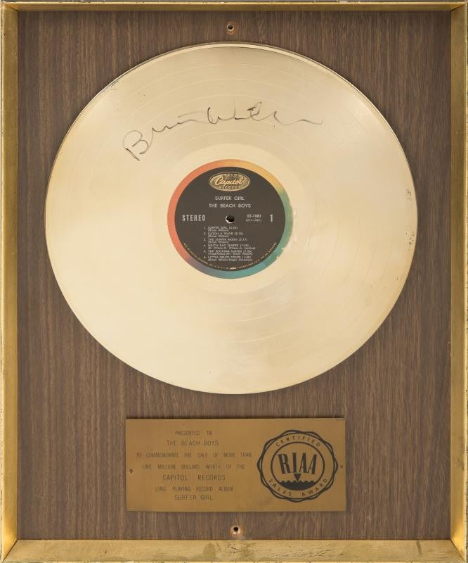 THE BEACH BOYS 1963 "GOLD" RECORD IN-HOUSE AWARD SIGNED BY BRIAN WILSON FOR SURFER GIRL