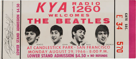Beatles Unused Candlestick Park Ticket, Their Final Concert (1966)