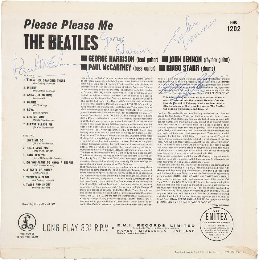 Beatles Signed Please Please Me Mono UK Early Pressing LP (Parlophone PMC 1202, 1963).