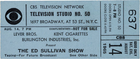Beatles Unused Ticket to Their Last Performance on the Ed Sullivan Show, August 14, 1965, with Original Folder, Transmittal Letter, and Envelope.