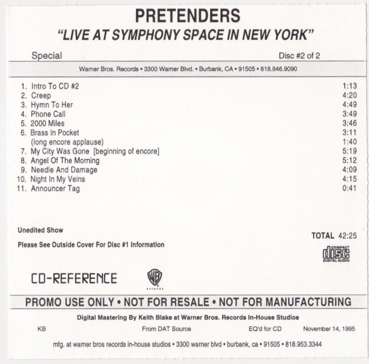 Pretenders – Unreleased “Live at Symphony Space, New York” CD Acetates