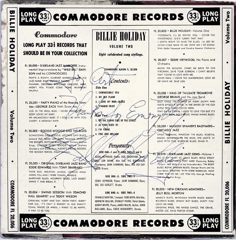 BILLIE HOLIDAY Album Cover inscribed and signed: "For Art/Thanks for Everything/Billy Holiday"