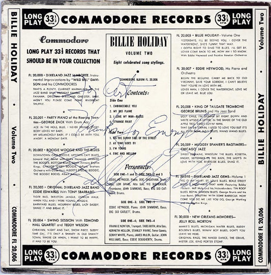 BILLIE HOLIDAY Album Cover inscribed and signed: "For Art/Thanks for Everything/Billy Holiday"