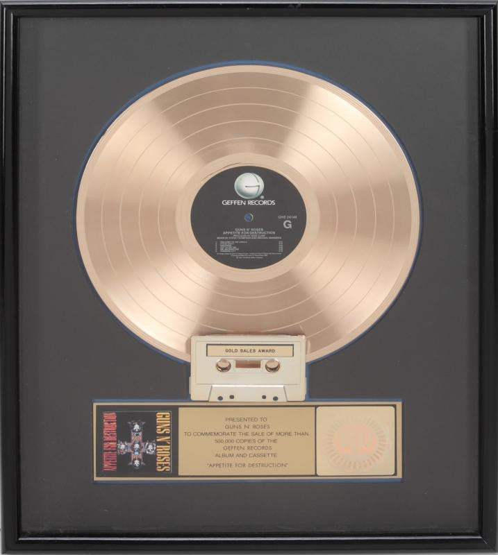 GUNS N' ROSES "GOLD" RECORD AWARD PRESENTED TO THE BAND FOR APPETITE FOR DESTRUCTION