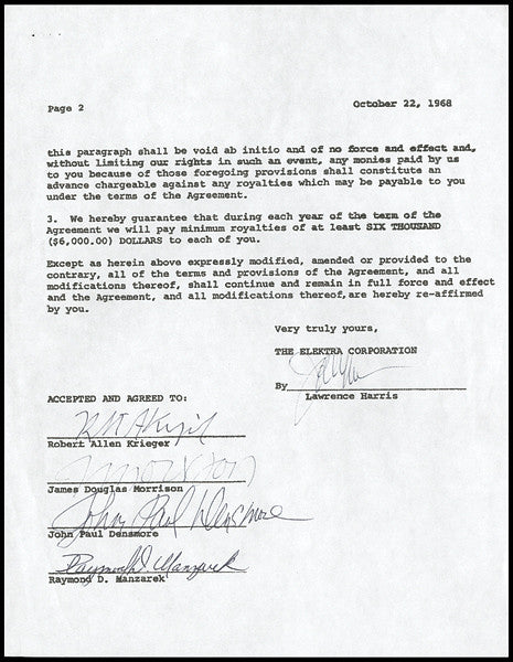 Lot #259:The Doors Signed 1968 Elektra Contract
