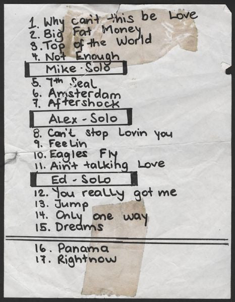 Van Halen Original Stage Used Set List