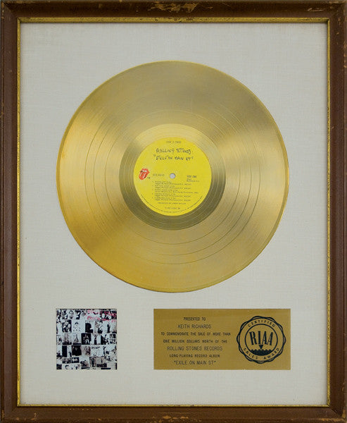 Lot #337:Rolling Stones "Exile On Main Street" RIAA White Matte Gold Record Award