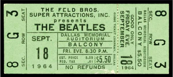 Lot 43: The Beatles 1964 Dallas Full Ticket (1.5x3.5")