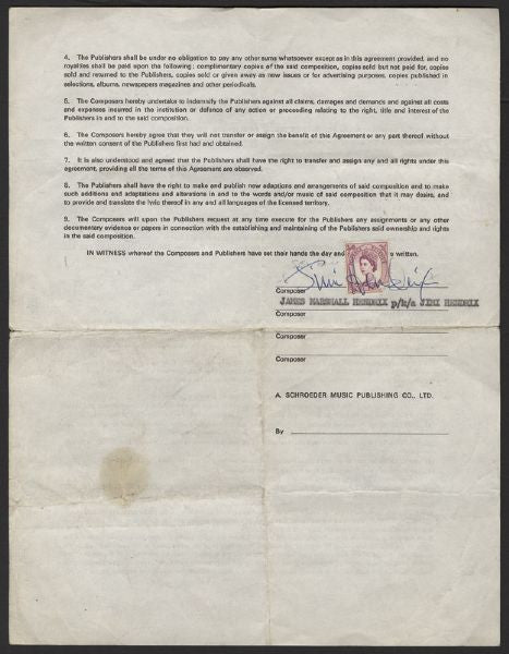 Jimi Hendrix Signed Publishing Agreement for First Album