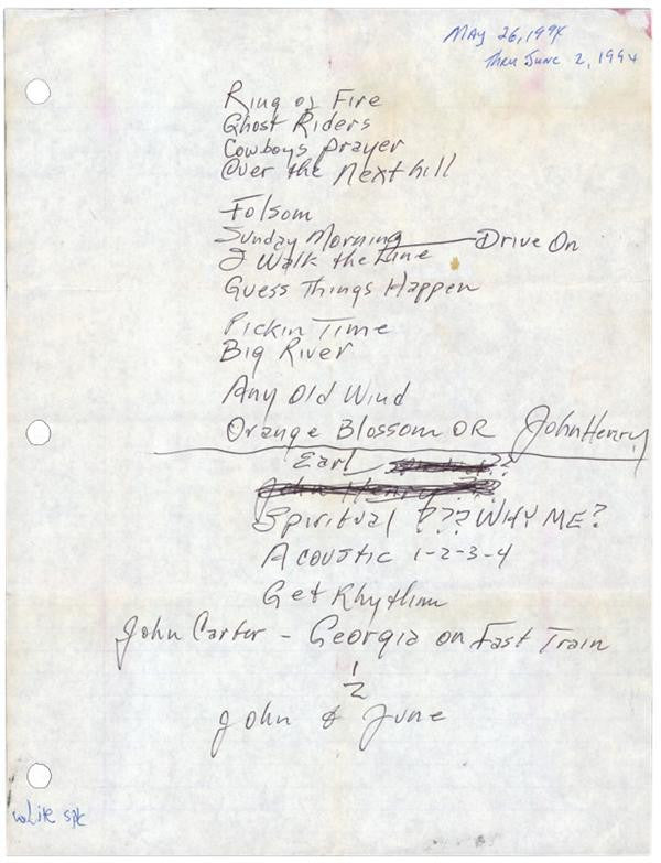 Lot 60: Johnny Cash Handwritten Setlist