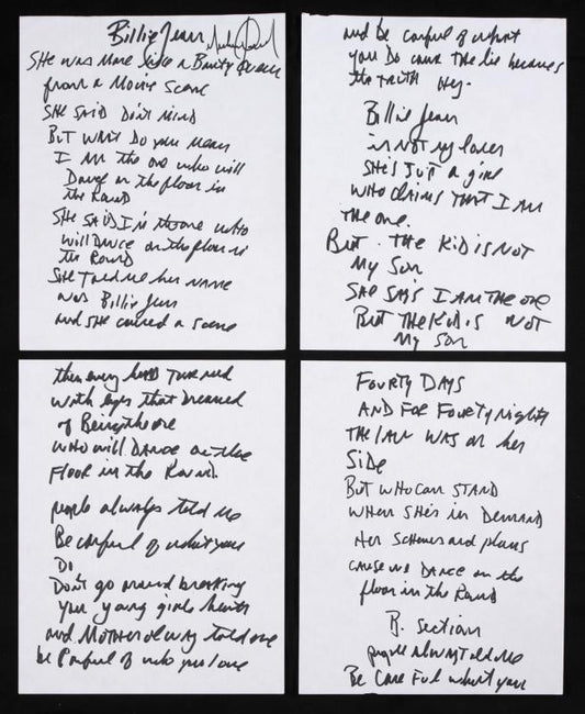 MICHAEL JACKSON HANDWRITTEN "BILLIE JEAN" LYRICS