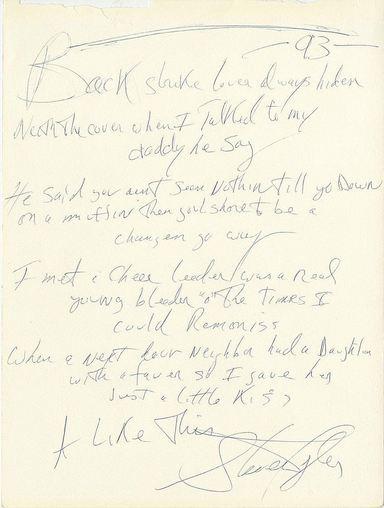 Steven Tyler of Aerosmith handwritten signed lyrics for “Walk This Way”