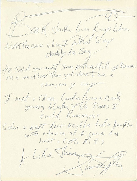 Steven Tyler of Aerosmith handwritten signed lyrics for “Walk This Way”