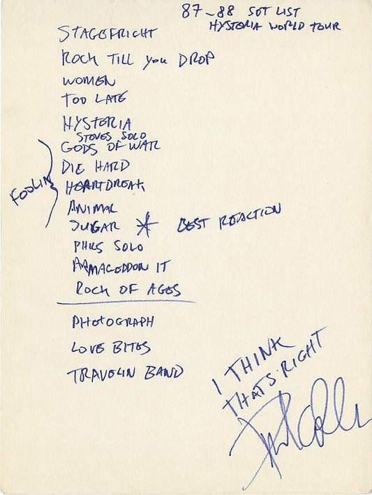 Phil Collen handwritten signed set list for Def Leppard 1987-88 tour