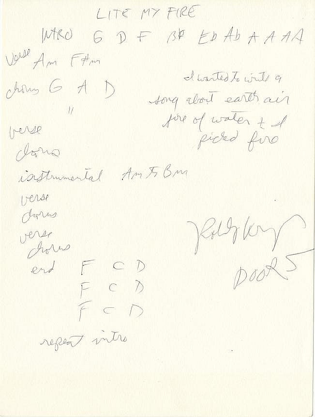 Robbie Kreiger of The Doors handwritten signed musical notation and lyrics for “Light My Fire”