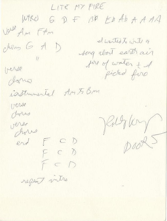 Robbie Kreiger of The Doors handwritten signed musical notation and lyrics for “Light My Fire”