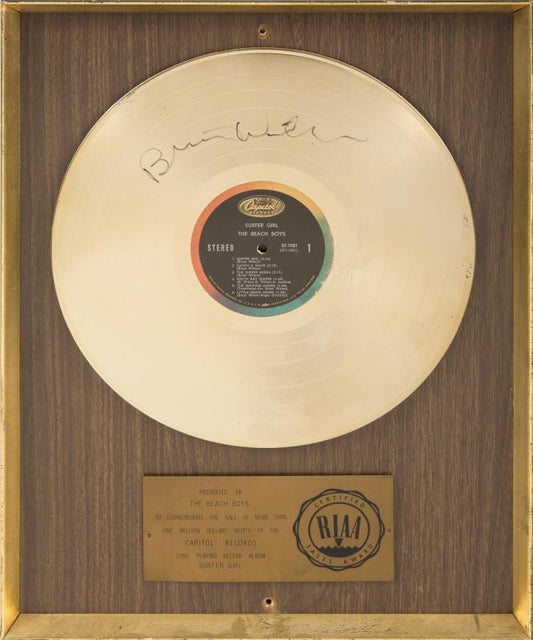 THE BEACH BOYS 1963 "GOLD" RECORD IN-HOUSE AWARD SIGNED BY BRIAN WILSON FOR SURFER GIRL