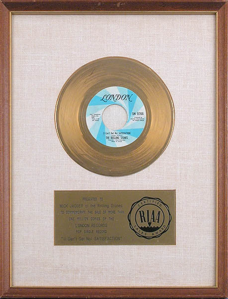 The Rolling Stones "Satisfaction" Original White Matte 45 Single Gold Record Award