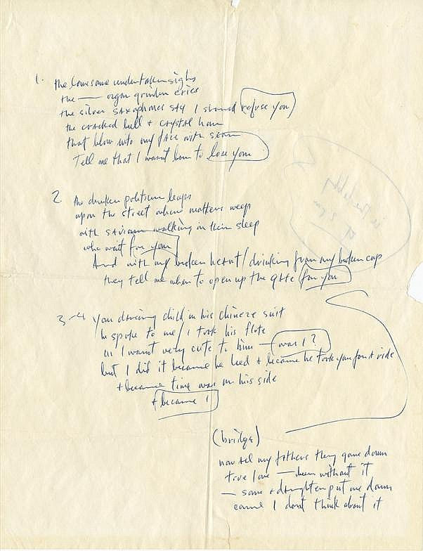 Bob Dylan handwritten lyrics for “I Want You” from his “Blonde on Blonde” album