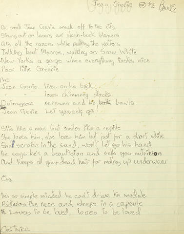 David Bowie: A rare set of handwritten lyrics for The Jean Genie, signed Bowie dated 1972