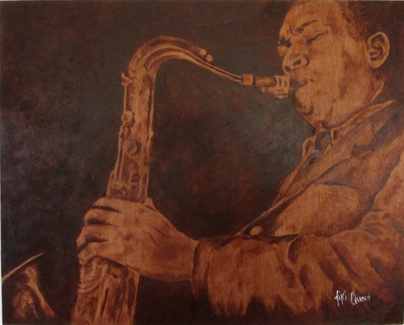 John Coltrane Jazz Music Saxophone Portrait, Hand Painted by Tiki Queen