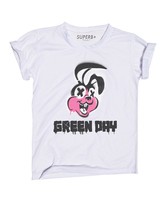 Graffiti Bunny Green Day T-Shirt White Cotton Blend