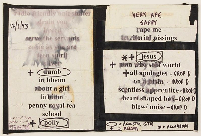 Nirvana Original Hand Annotated 1993 In Utero Tour Set List