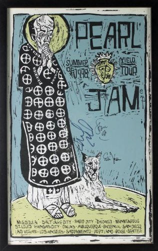 PEARL JAM (5) VEDDER, AMENT, MCCREADY _2 SIGNED AUTHENTIC FRAMED 14X23 POSTER CERTIFICATE OF AUTHENTICITY PSA/DNA #V12087