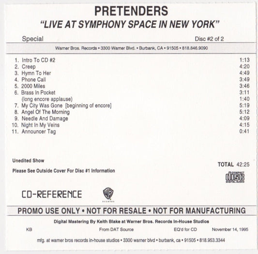 Pretenders – Unreleased “Live at Symphony Space, New York” CD Acetates