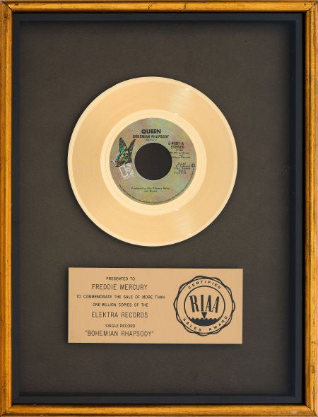 Queen "Bohemian Rhapsody" RIAA Gold Record Award (Elektra E-45297, 1975).