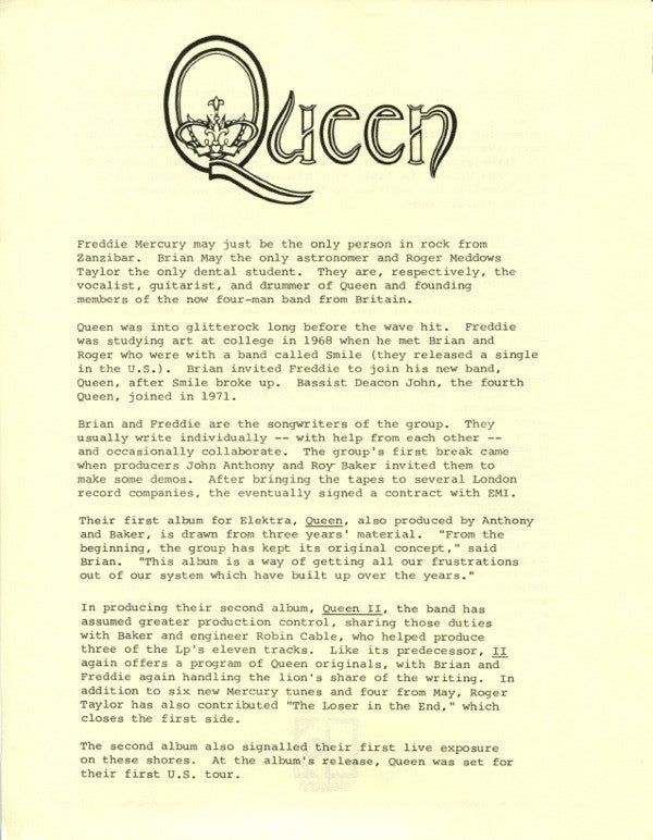 Queen – 1973 Elektra Records Band Bio