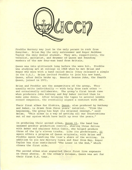 Queen – 1973 Elektra Records Band Bio