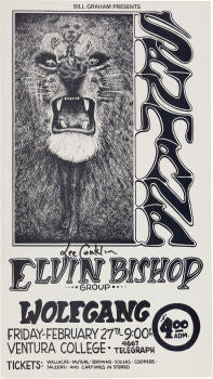 Santana/Elvin Bishop Group Ventura College Concert Poster Signed by Lee Conklin (Bill Graham, 1970)