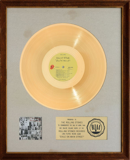 Rolling Stones Exile on Main Street RIAA Gold Record Award (Rolling Stones Records COC 2-2900, 1972).