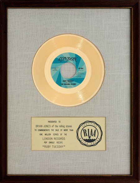 Rolling Stones "Ruby Tuesday" RIAA Gold Record Award (London 45-904, 1967).