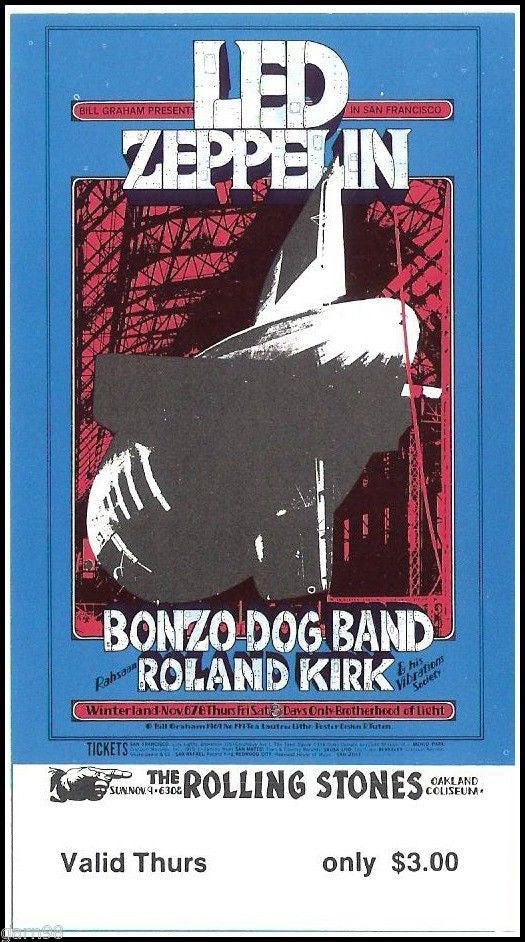 Led Zeppelin Rolling Stones Unused Original BG Fillmore Concert Ticket 1969
